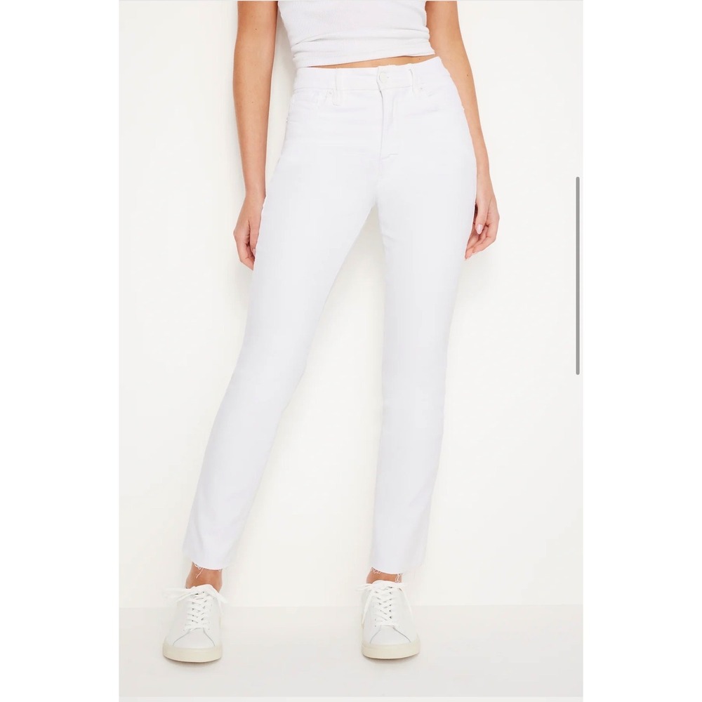 Good American Good Legs Straight White Jeans High Rise Raw Hem Size 16 Stretch